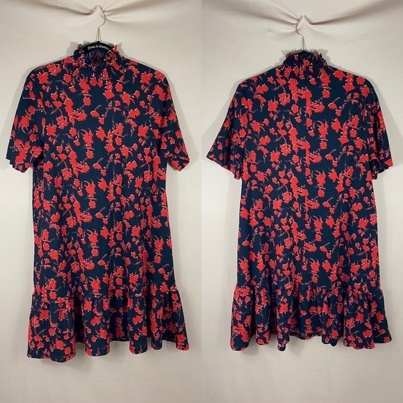 Zara Dresses & Skirts - ZARA Black and Red Floral Midi Dress High Neckline Ruffle Hem Size Medium